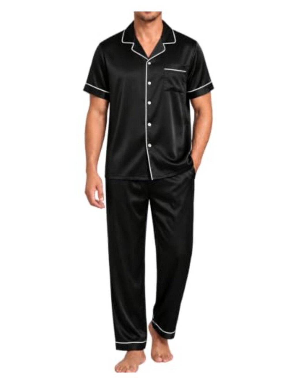 Men's Satin Pajama Set Short Sleeve Button Down Sleepwear with Pants